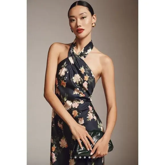 Anthropologie X Bhldn Ruby Twist Halter Satin Gown Navy Size 10 NWT - Picture 2 of 12